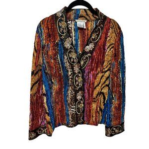 ALBERTO MAKALI VINTAGE Crinkle Jacket Top Beaded Animal Print Medium Y2K 80s Med